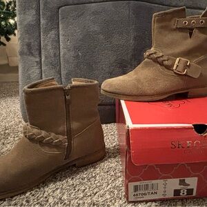 Skechers Fireside Tan Ankle Boots with Braided Strap, Sz 8